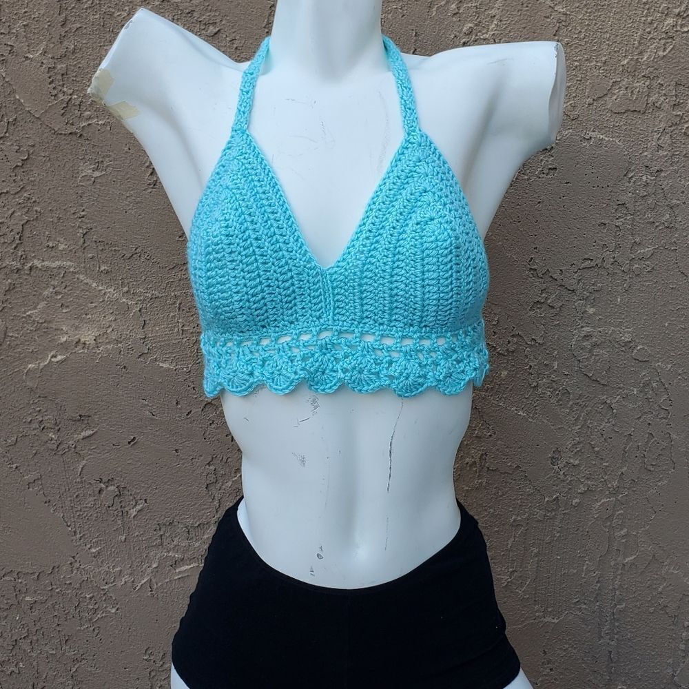 Hand Crafted Sky Blue Crochet Halter Top Bralette Size M